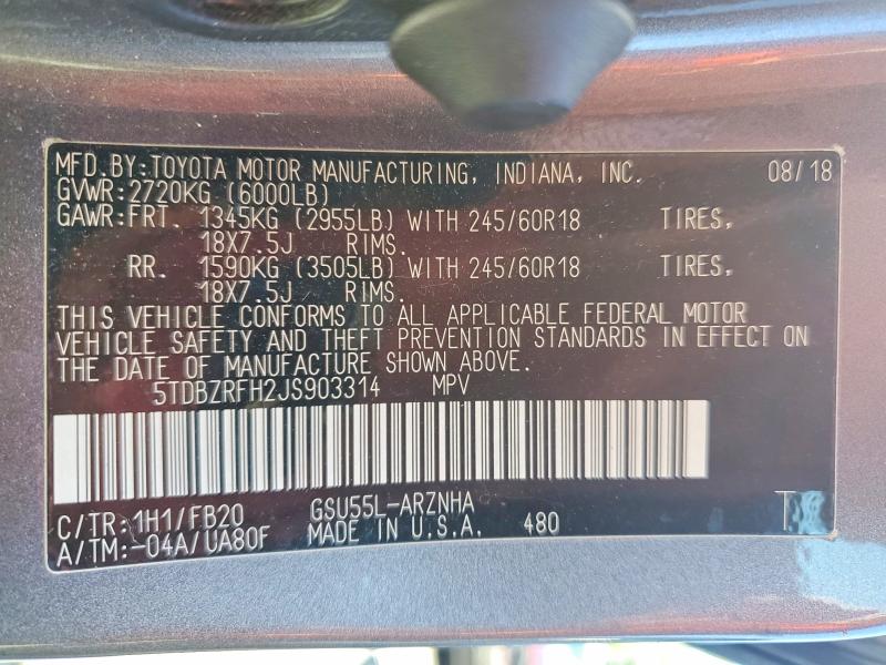 Aukcja sprzedaży 2018 Toyota Highlander, vin: 5TDBZRFH2JS903314, numer aukcji: 67237676