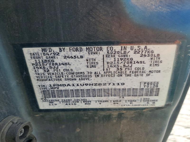 70566356 :رقم المزاد ، 1FMDA11U9NZB27110 vin ، 1992 Ford Aerostar مزاد بيع