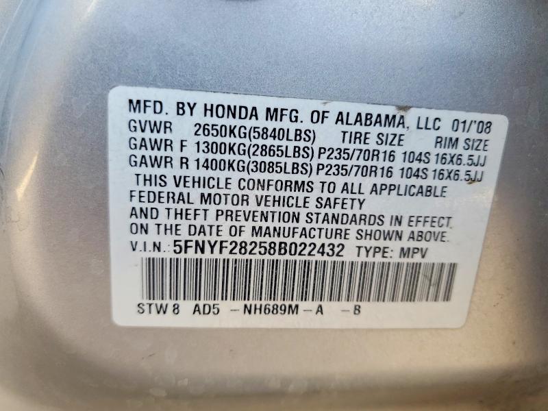 Aukcja sprzedaży 2008 Honda Pilot, vin: 5FNYF28258B022432, numer aukcji: 64338116