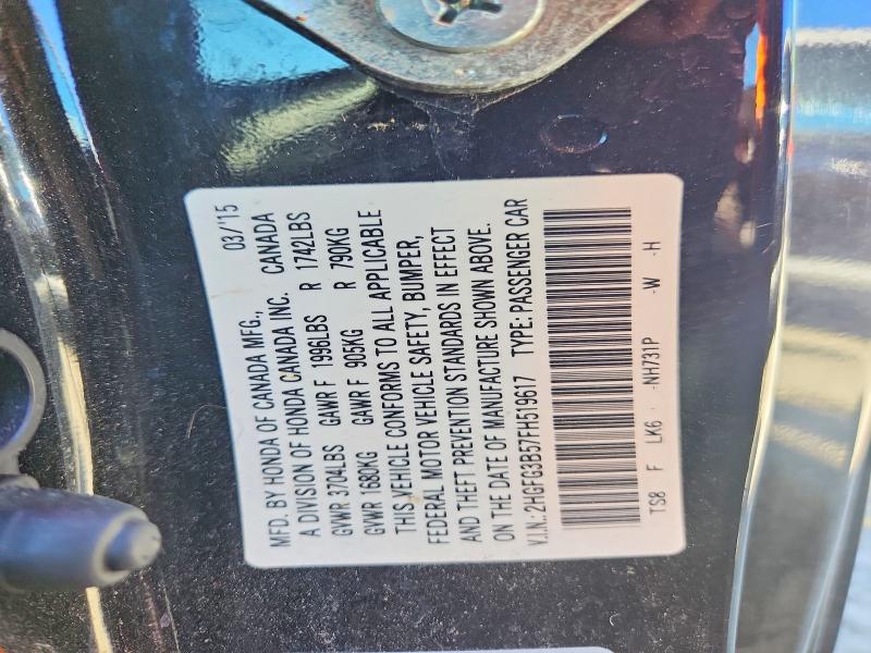 2015 Honda Civic მანქანა იყიდება აუქციონზე, vin: 2HGFG3B57FH519617, აუქციონის ნომერი: 70430286