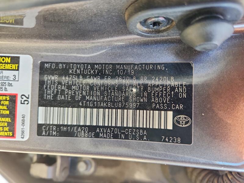 2020 Toyota Camry მანქანა იყიდება აუქციონზე, vin: 4T1G11AK8LU875997, აუქციონის ნომერი: 69886376
