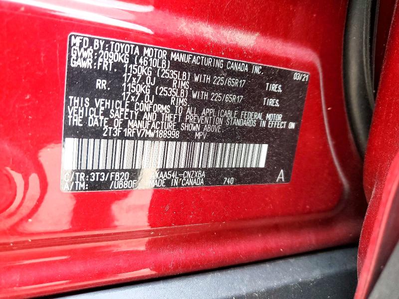 69522426 :رقم المزاد ، 2T3F1RFV7MW188998 vin ، 2021 Toyota Rav4 مزاد بيع