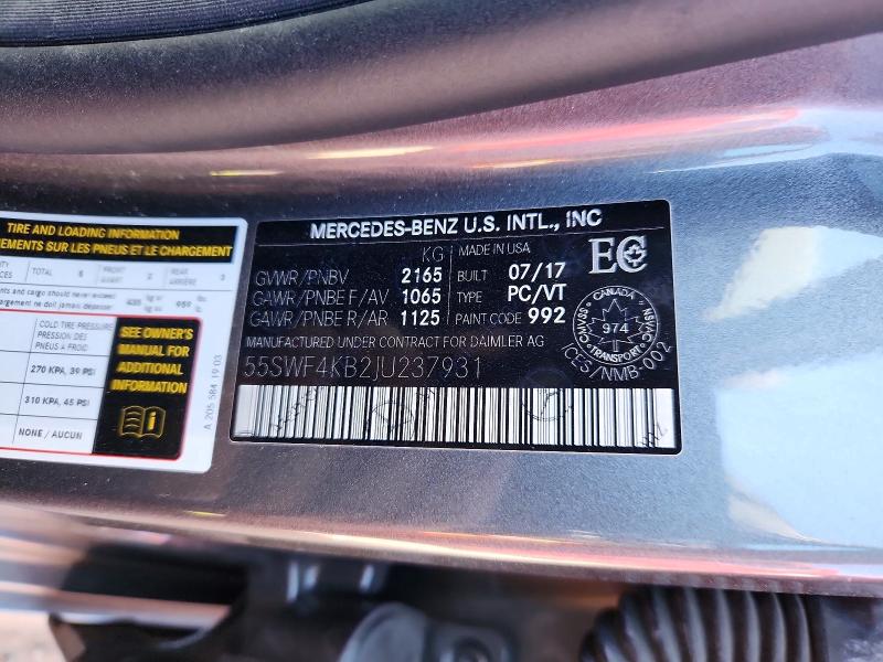 Продаж на аукціоні авто 2018 Mercedes-benz C, vin: 55SWF4KB2JU237931, номер лоту: 69917416