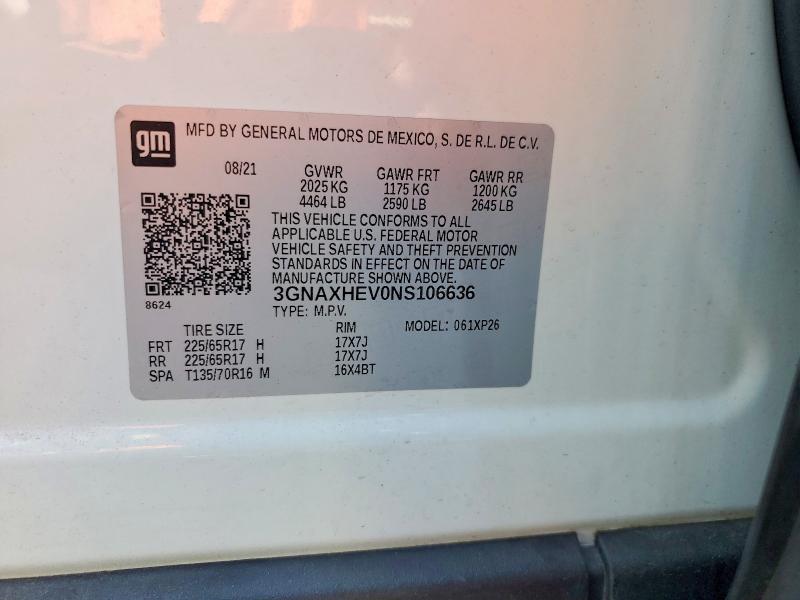 67116316 :رقم المزاد ، 3GNAXHEV0NS106636 vin ، 2022 Chevrolet Equinox مزاد بيع
