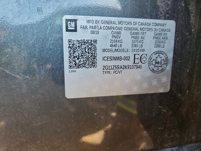 69761196 :رقم المزاد ، 2G11Z5SA2K9107940 vin ، 2019 Chevrolet Impala مزاد بيع