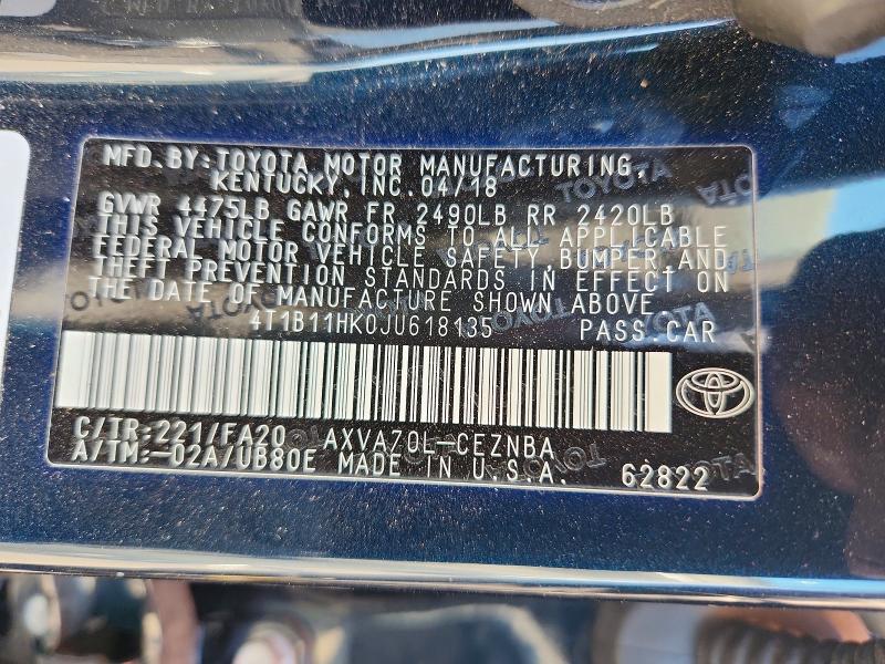 2018 Toyota Camry მანქანა იყიდება აუქციონზე, vin: 4T1B11HK0JU618135, აუქციონის ნომერი: 68952926