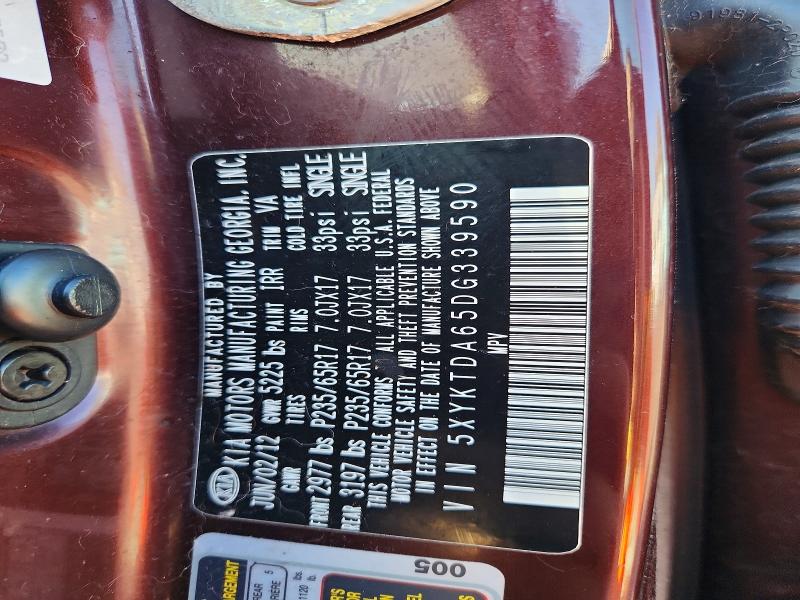 70826346 :رقم المزاد ، 5XYKTDA65DG339590 vin ، 2013 Kia Sorento مزاد بيع