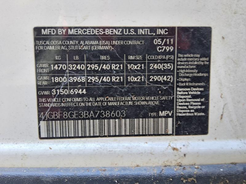 64959826 :رقم المزاد ، 4JGBF8GE3BA738603 vin ، 2011 Mercedes-benz Gl مزاد بيع