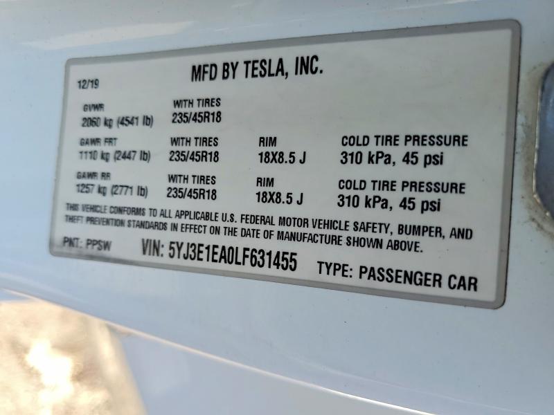 Продаж на аукціоні авто 2020 Tesla Model 3, vin: 5YJ3E1EA0LF631455, номер лоту: 67358796