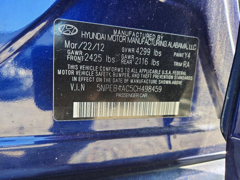 68311846 :رقم المزاد ، 5NPEB4AC5CH498459 vin ، 2012 Hyundai Sonata مزاد بيع