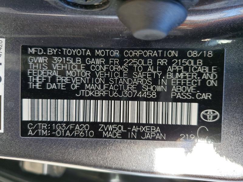 Auction sale of the 2018 Toyota Prius, vin: JTDKBRFU6J3074458, lot number: 70509756