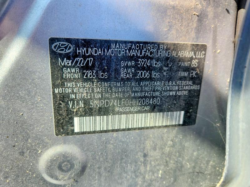 69301686 :رقم المزاد ، 5NPD74LF0HH208480 vin ، 2017 Hyundai Elantra مزاد بيع