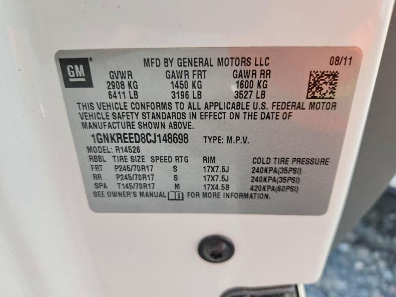 Aukcja sprzedaży 2012 Chevrolet Traverse, vin: 1GNKREED8CJ148698, numer aukcji: 68155856