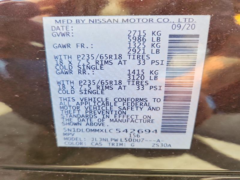 Aukcja sprzedaży 2020 Infiniti Qx60, vin: 5N1DL0MMXLC542694, numer aukcji: 68158566