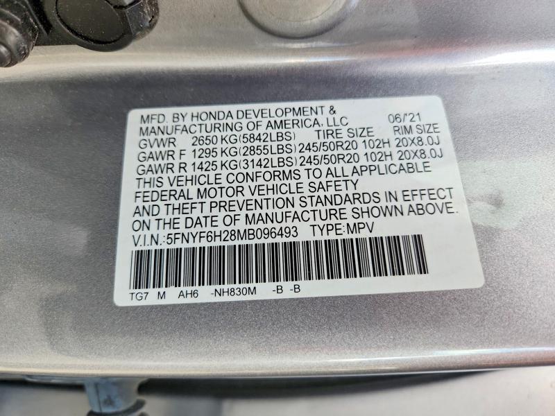 Aukcja sprzedaży 2021 Honda Pilot, vin: 5FNYF6H28MB096493, numer aukcji: 70153096