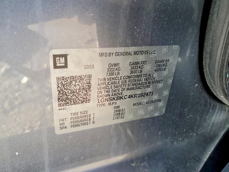 59099316 :رقم المزاد ، 1GNSKBKC4KR192471 vin ، 2019 Chevrolet Tahoe مزاد بيع