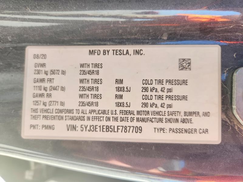 Aukcja sprzedaży 2020 Tesla Model 3, vin: 5YJ3E1EB5LF787709, numer aukcji: 68856886