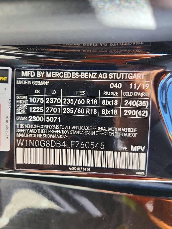 Aukcja sprzedaży 2020 Mercedes-benz Glc, vin: W1N0G8DB4LF760545, numer aukcji: 70563026