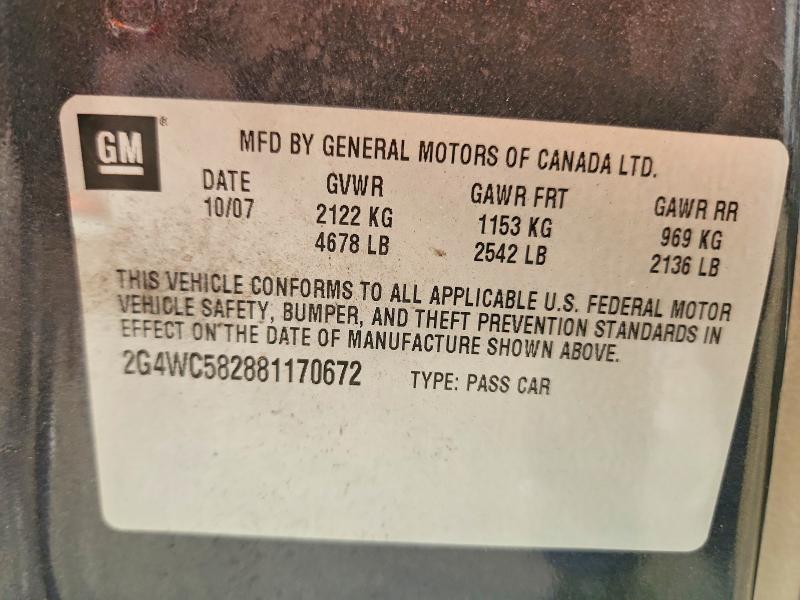 2008 Buick Lacrosse მანქანა იყიდება აუქციონზე, vin: 2G4WC582881170672, აუქციონის ნომერი: 68676146