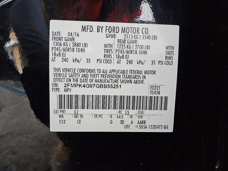 67862506 :رقم المزاد ، 2FMPK4G97GBB55251 vin ، 2016 Ford Edge مزاد بيع