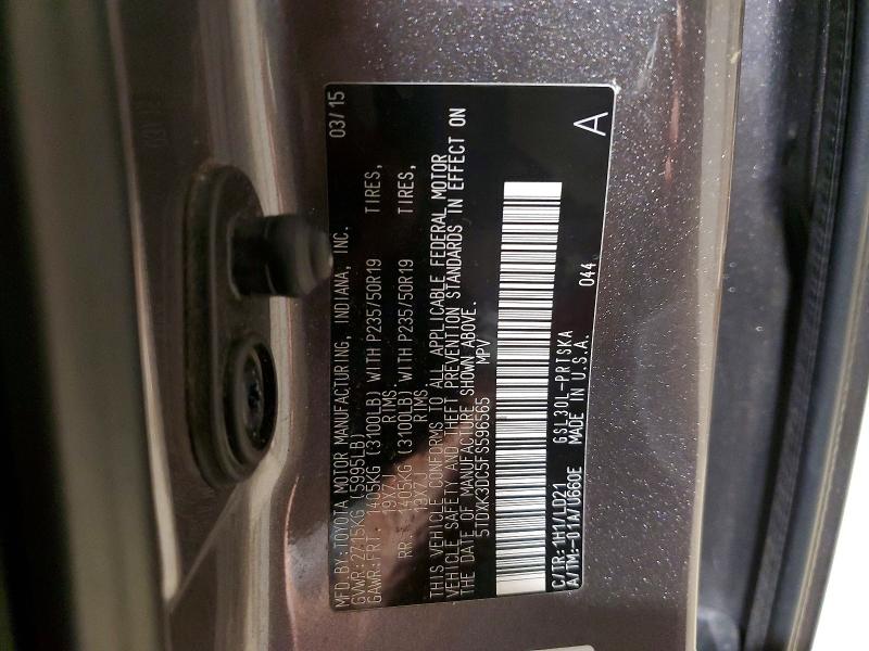 67343046 :رقم المزاد ، 5TDXK3DC5FS596565 vin ، 2015 Toyota Sienna مزاد بيع