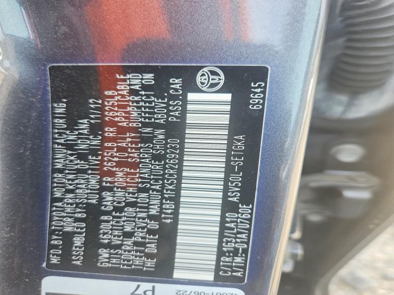 67191386 :رقم المزاد ، 4T4BF1FK5CR269230 vin ، 2012 Toyota Camry مزاد بيع