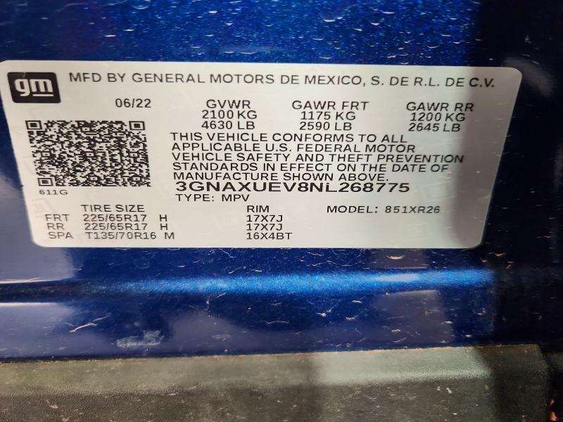 67950146 :رقم المزاد ، 3GNAXUEV8NL268775 vin ، 2022 Chevrolet Equinox مزاد بيع