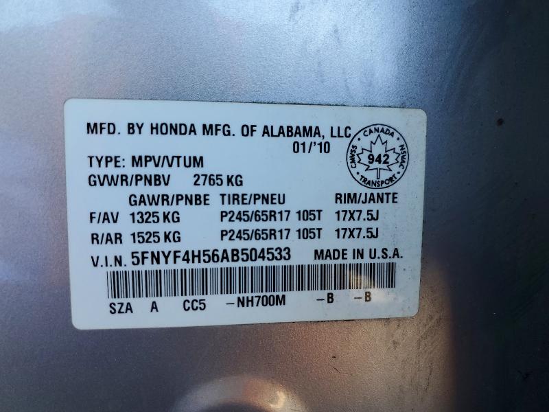 2010 Honda Pilot მანქანა იყიდება აუქციონზე, vin: 5FNYF4H56AB504533, აუქციონის ნომერი: 70680726