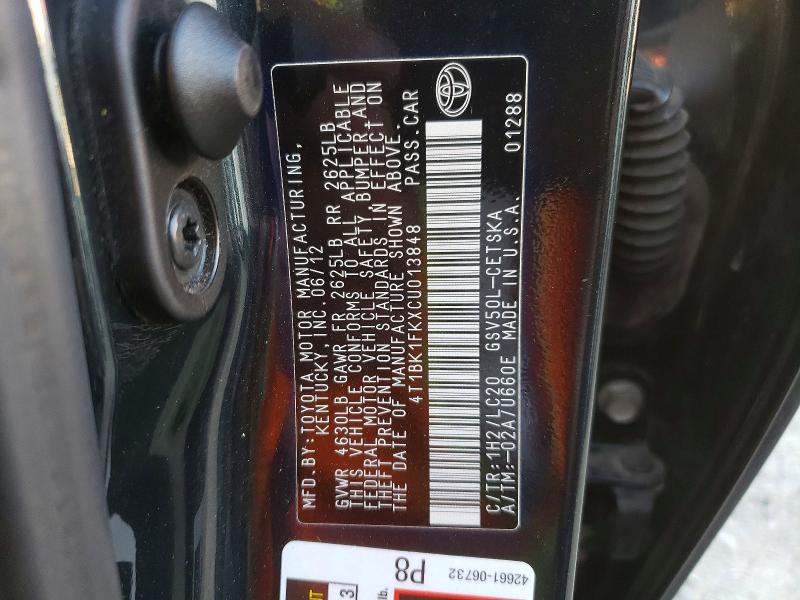 Auction sale of the 2012 Toyota Camry, vin: 4T1BK1FKXCU013848, lot number: 68713516