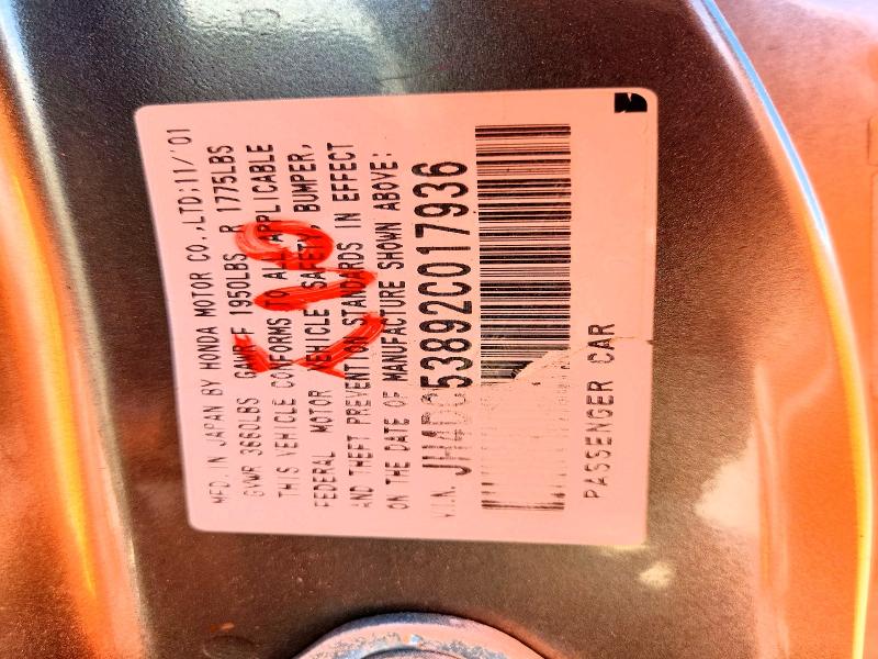 70355426 :رقم المزاد ، JH4DC53892C017936 vin ، 2002 Acura Rsx مزاد بيع