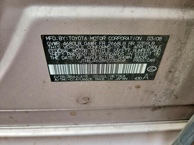 Aukcja sprzedaży 2008 Lexus Es, vin: JTHBJ46G882230658, numer aukcji: 69022946