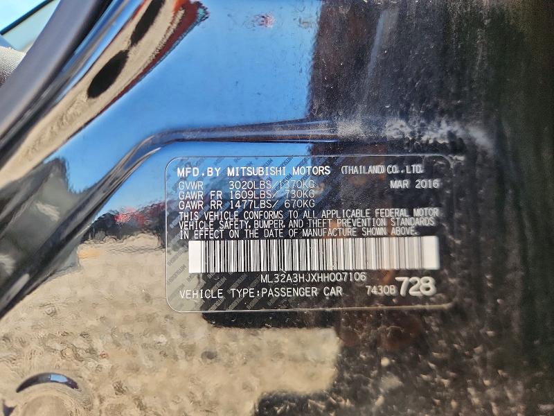 2017 Mitsubishi Mirage მანქანა იყიდება აუქციონზე, vin: ML32A3HJXHH007106, აუქციონის ნომერი: 69980736
