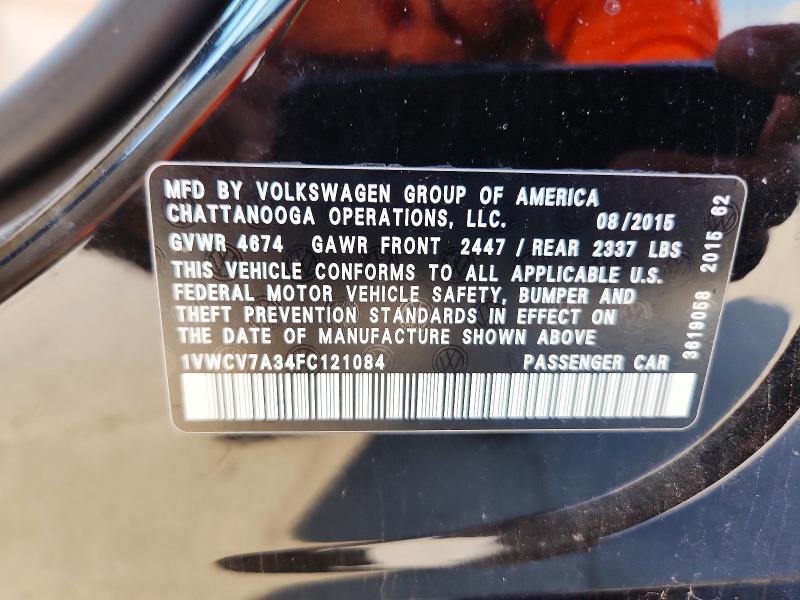 2015 Volkswagen Passat მანქანა იყიდება აუქციონზე, vin: 1VWCV7A34FC121084, აუქციონის ნომერი: 67634396