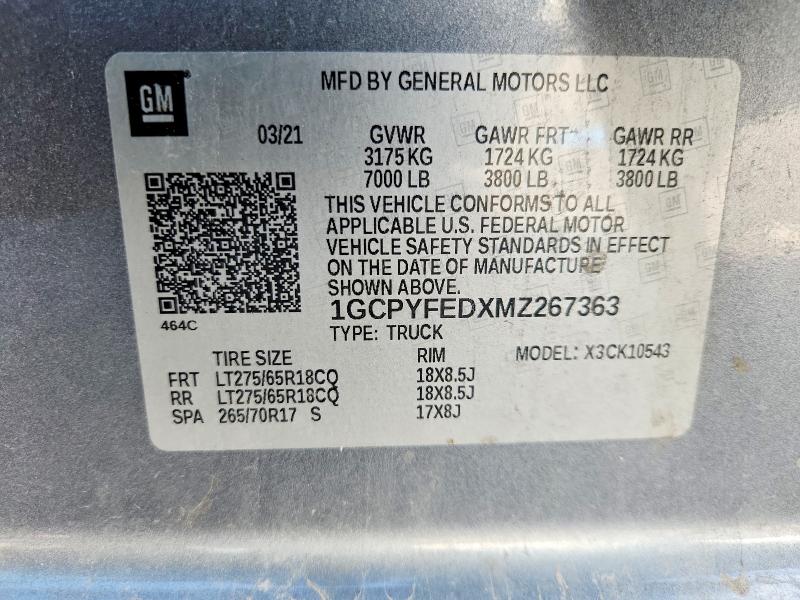 Продаж на аукціоні авто 2021 Chevrolet Silverado, vin: 1GCPYFEDXMZ267363, номер лоту: 68792196