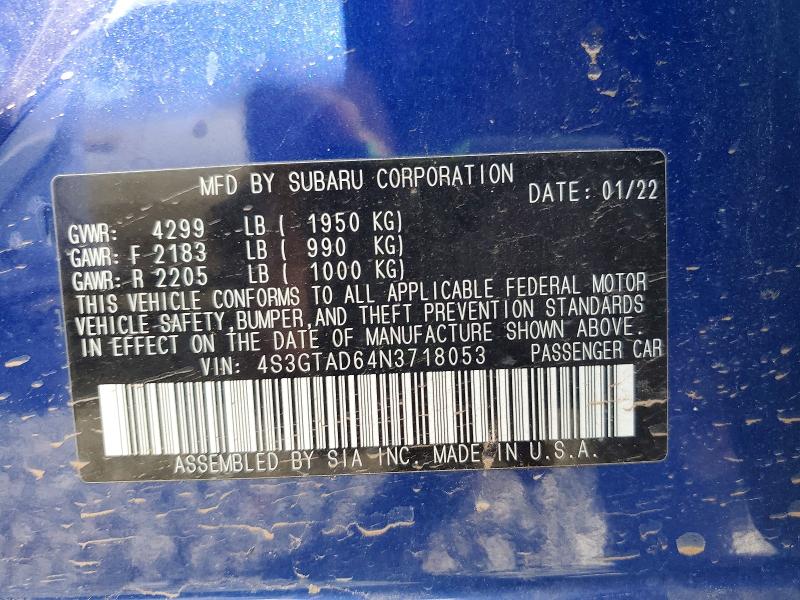 2022 Subaru Impreza მანქანა იყიდება აუქციონზე, vin: 4S3GTAD64N3718053, აუქციონის ნომერი: 70971766