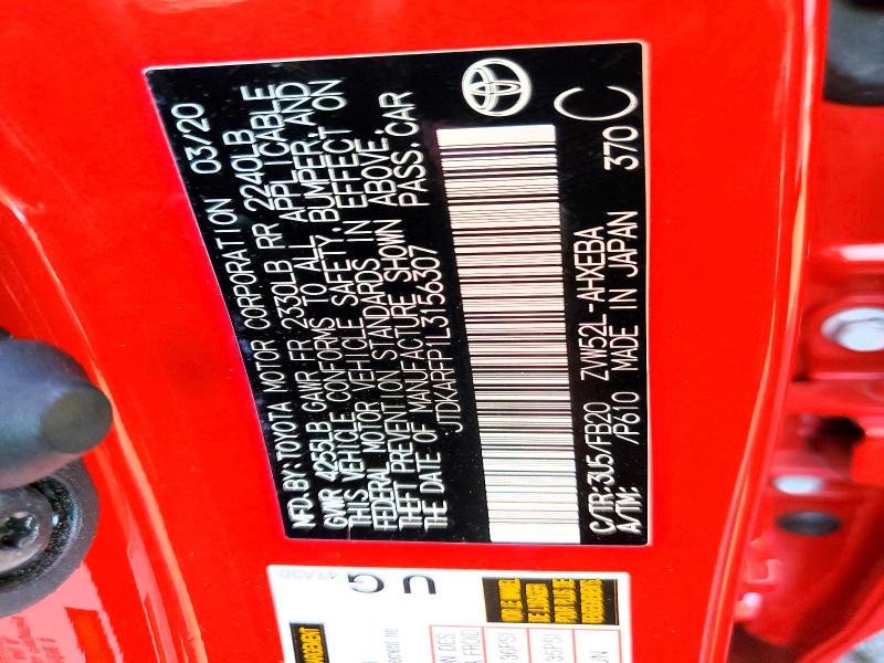 70289756 :رقم المزاد ، JTDKARFP1L3156307 vin ، 2020 Toyota Prius Prime مزاد بيع