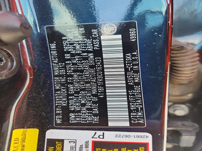 Aukcja sprzedaży 2012 Toyota Camry, vin: 4T1BF1FK9CU163423, numer aukcji: 69363126