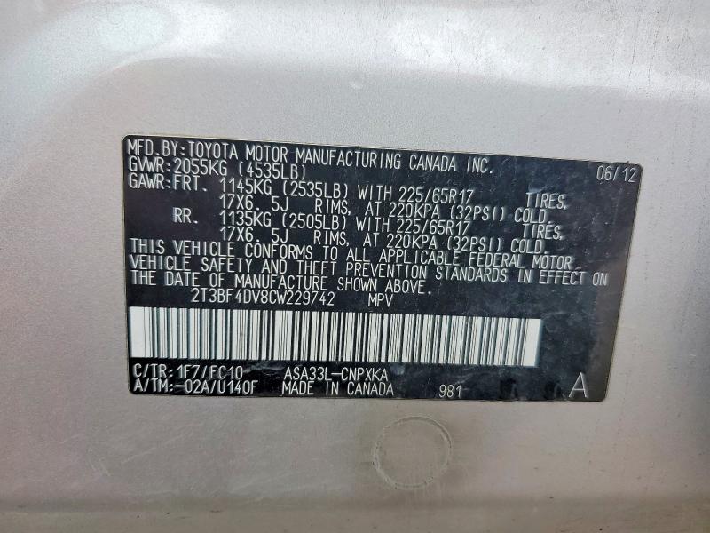 71066536 :رقم المزاد ، 2T3BF4DV8CW229742 vin ، 2012 Toyota Rav4 مزاد بيع
