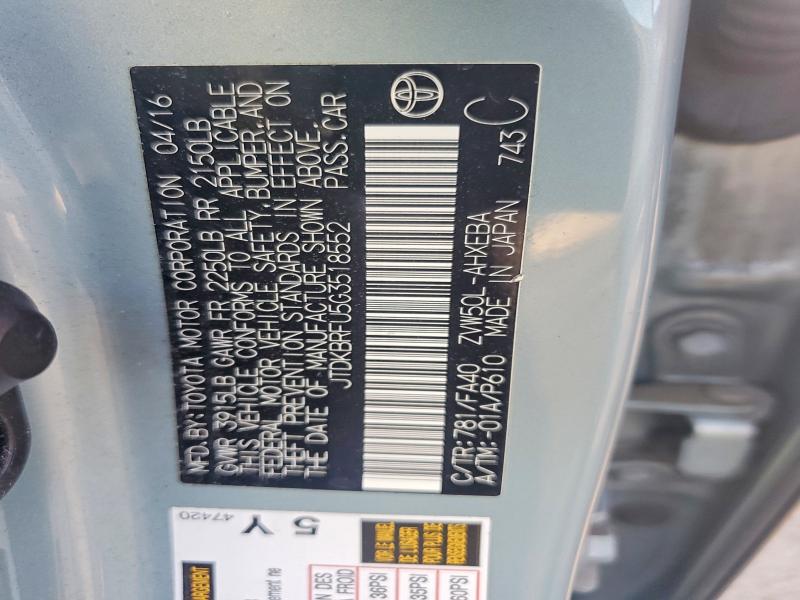 Продаж на аукціоні авто 2016 Toyota Prius, vin: JTDKBRFU5G3518552, номер лоту: 68385126