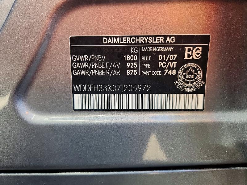 69033536 :رقم المزاد ، WDDFH33X07J205972 vin ، 2007 Mercedes-benz B200 مزاد بيع