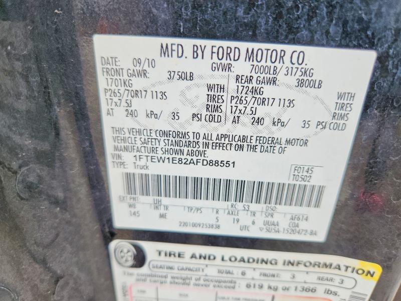 2010 Ford F150 მანქანა იყიდება აუქციონზე, vin: 1FTEW1E82AFD88551, აუქციონის ნომერი: 68549746