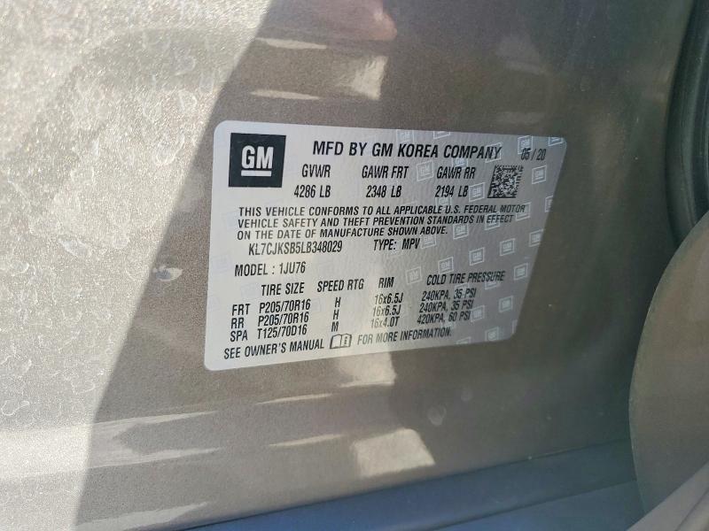 70372346 :رقم المزاد ، KL7CJKSB5LB348029 vin ، 2020 Chevrolet Trax مزاد بيع