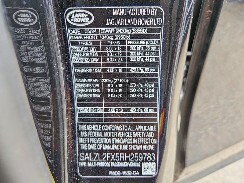 2024 Land Rover Range Rover Evoque მანქანა იყიდება აუქციონზე, vin: SALZL2FX5RH259783, აუქციონის ნომერი: 68828156