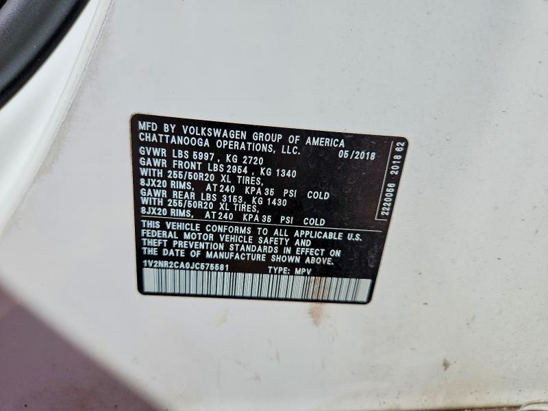 Продаж на аукціоні авто 2018 Volkswagen Atlas, vin: 1V2NR2CA0JC575581, номер лоту: 68130246