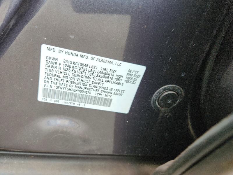 2017 Honda Pilot მანქანა იყიდება აუქციონზე, vin: 5FNYF5H36HB009876, აუქციონის ნომერი: 69972026