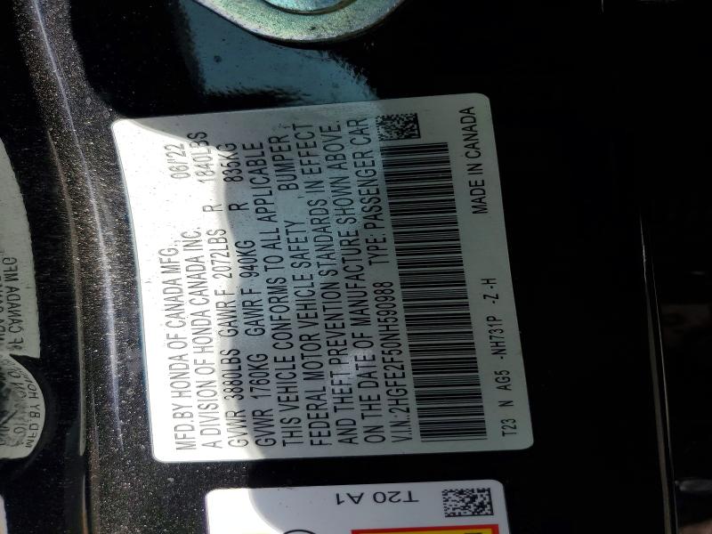 2022 Honda Civic მანქანა იყიდება აუქციონზე, vin: 2HGFE2F50NH590988, აუქციონის ნომერი: 69438046