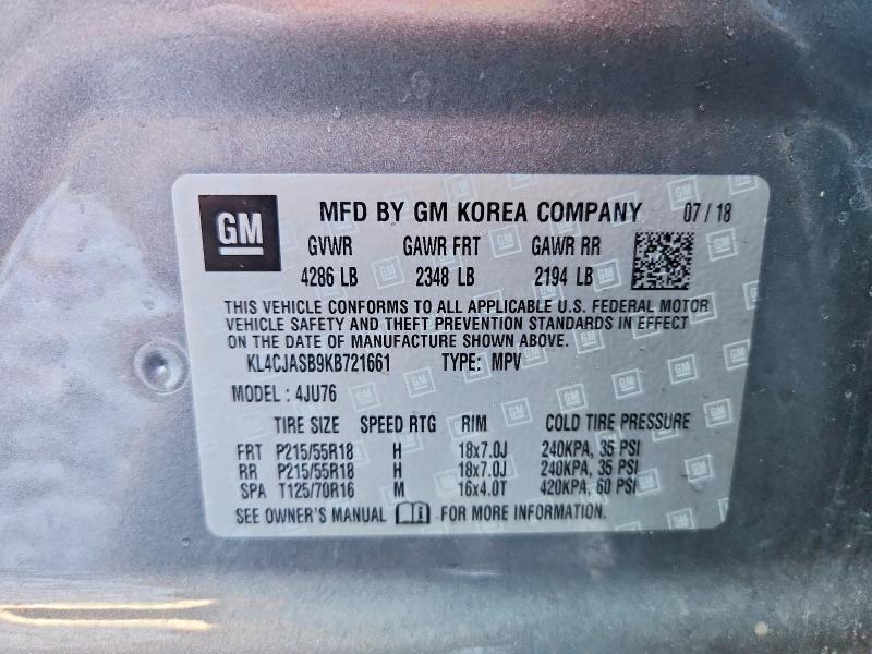 2019 Buick Encore მანქანა იყიდება აუქციონზე, vin: KL4CJASB9KB721661, აუქციონის ნომერი: 70532096
