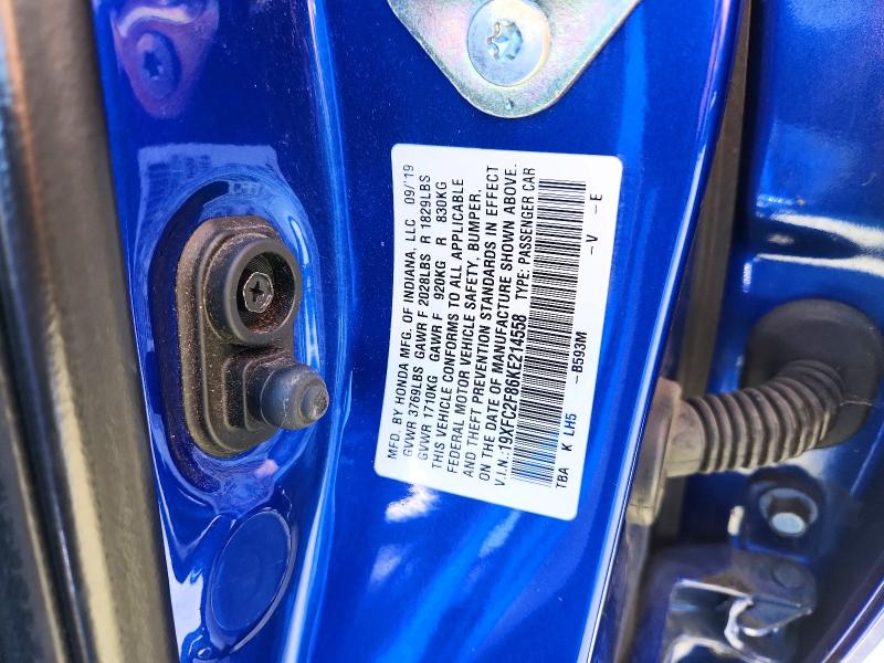 Продаж на аукціоні авто 2019 Honda Civic, vin: 19XFC2F86KE214558, номер лоту: 68818636