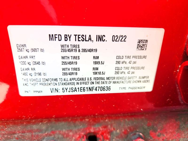Продажа на аукционе авто 2022 Tesla Model S, vin: 5YJSA1E61NF470636, номер лота: 68894636