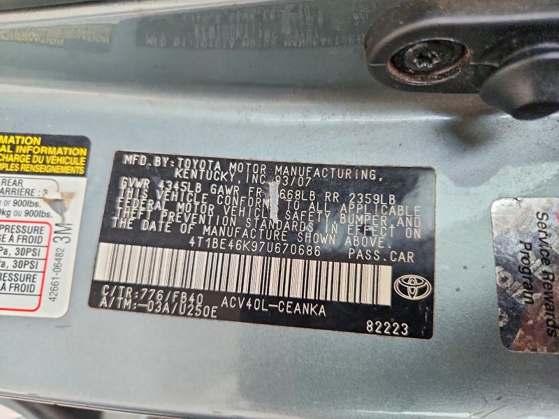 Aukcja sprzedaży 2007 Toyota Camry, vin: 4T1BE46K97U670686, numer aukcji: 68982946